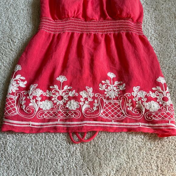 Pinkish red top with white flower embroidery and tie up back - Picture 2 of 3